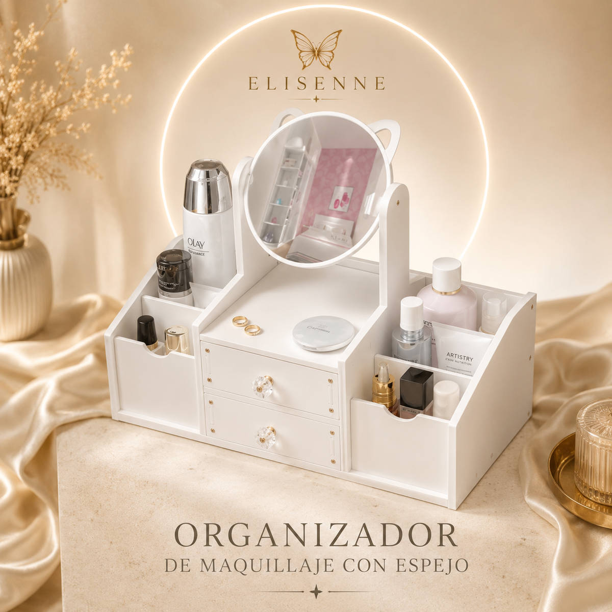 🎀Organizador de Maquillaje con Espejo Giratorio.✨